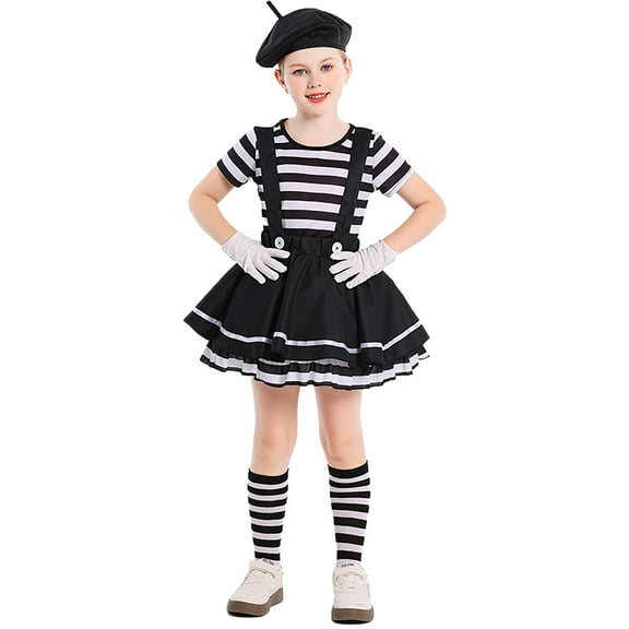 Ulitacool Winter Teen Girl Clothes Kids Girl'S Curious Mime Striped Imitator Halloween Parties Long Sleeve Crewneck Outfits Adorable Wear Black 10-12 Years