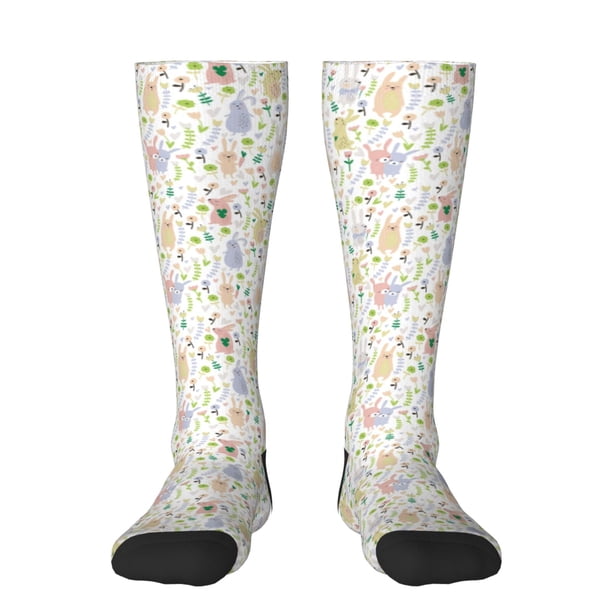 Fotbe Flower Rabbit Calcetas Divertidas Estampadas para Hombre y Mujer, Calcetas de Algodón hasta la Rodilla para Caminar, Correr, Enfermería y Embarazo