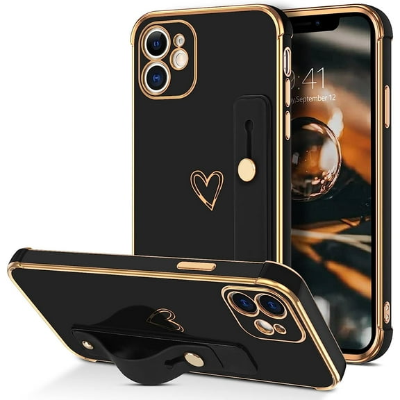 iPhone 11 Case, iPhone 11 Phone Case Love Heart Cute Case with Wristband Kickstand Holder Soft TPU Plating Electroplated Bumper Protective Shockproof iPhone 11 Case Cover for Girls Women, Black