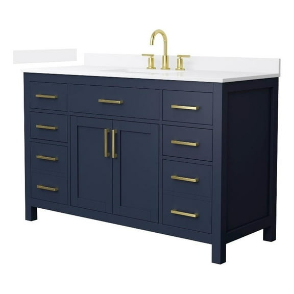 Beckett 54" Dark Blue Single Vanity & White Quartz Top (3-Hole) & Gold Trim
