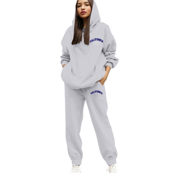 Womens CALIFORNIA City Zip Up Hoodie and Sweatpants Set Womens Sweatsuits Outfits 2 Piece Track Suits Jogging Suits Light Gray L