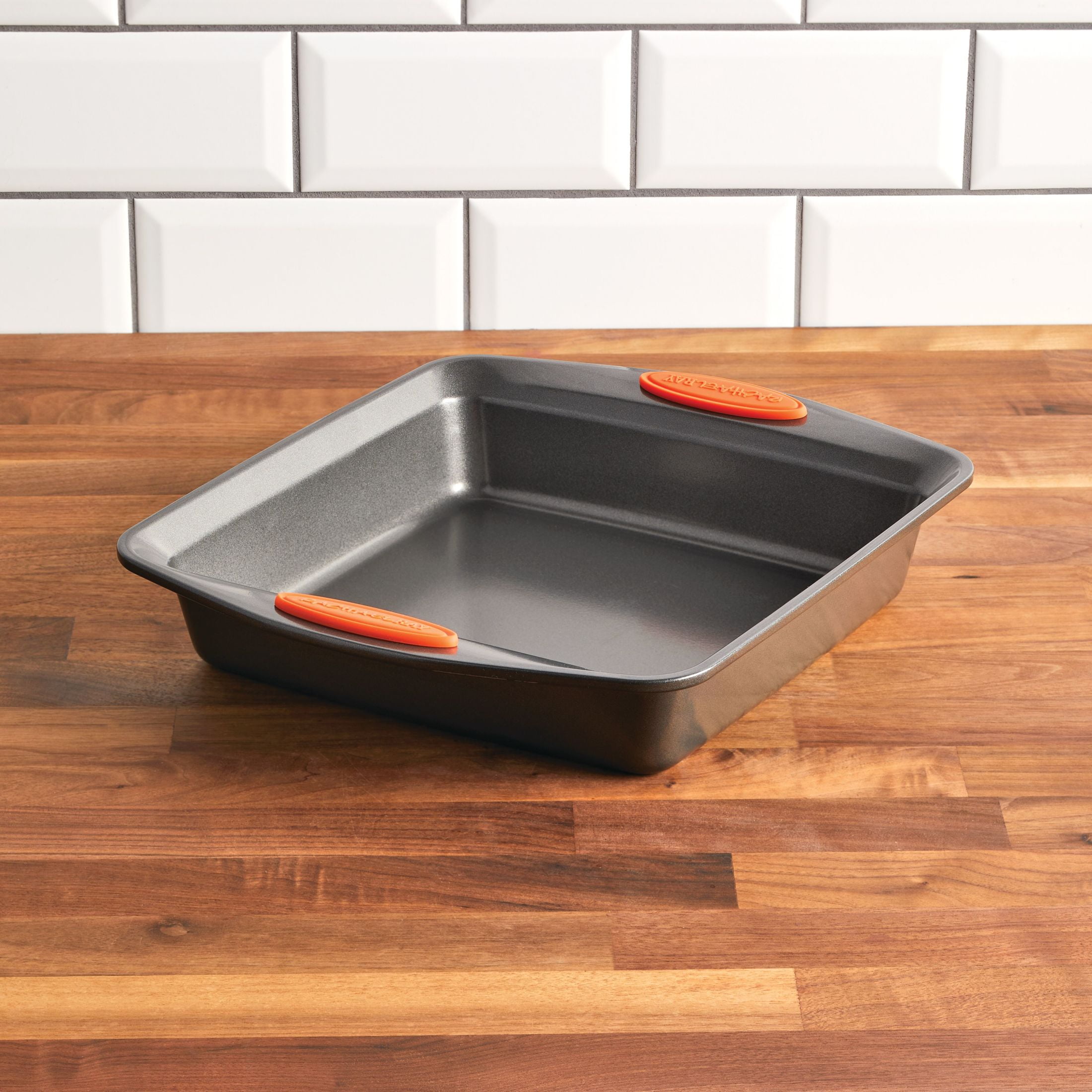 Rachael Ray Yum-o! Nonstick Bakeware 9-Inch Oven Lovin’ Square Baking Pan, Gray with Orange Handles