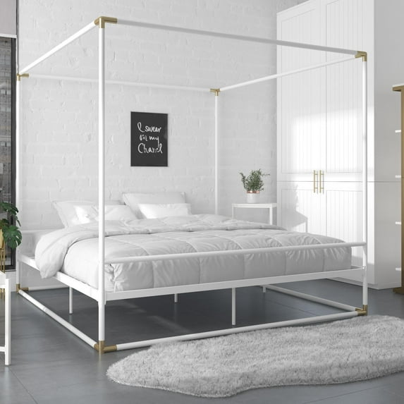 CosmoLiving Celeste Canopy Metal Bed, King, White/Gold