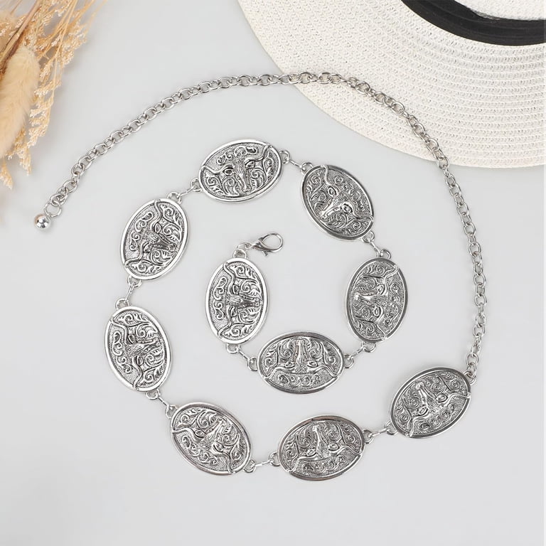 Silver Western Medallion Chain Belt Boho Western Concho Chain Belt – Vintage Silver Adjustable  main image 2