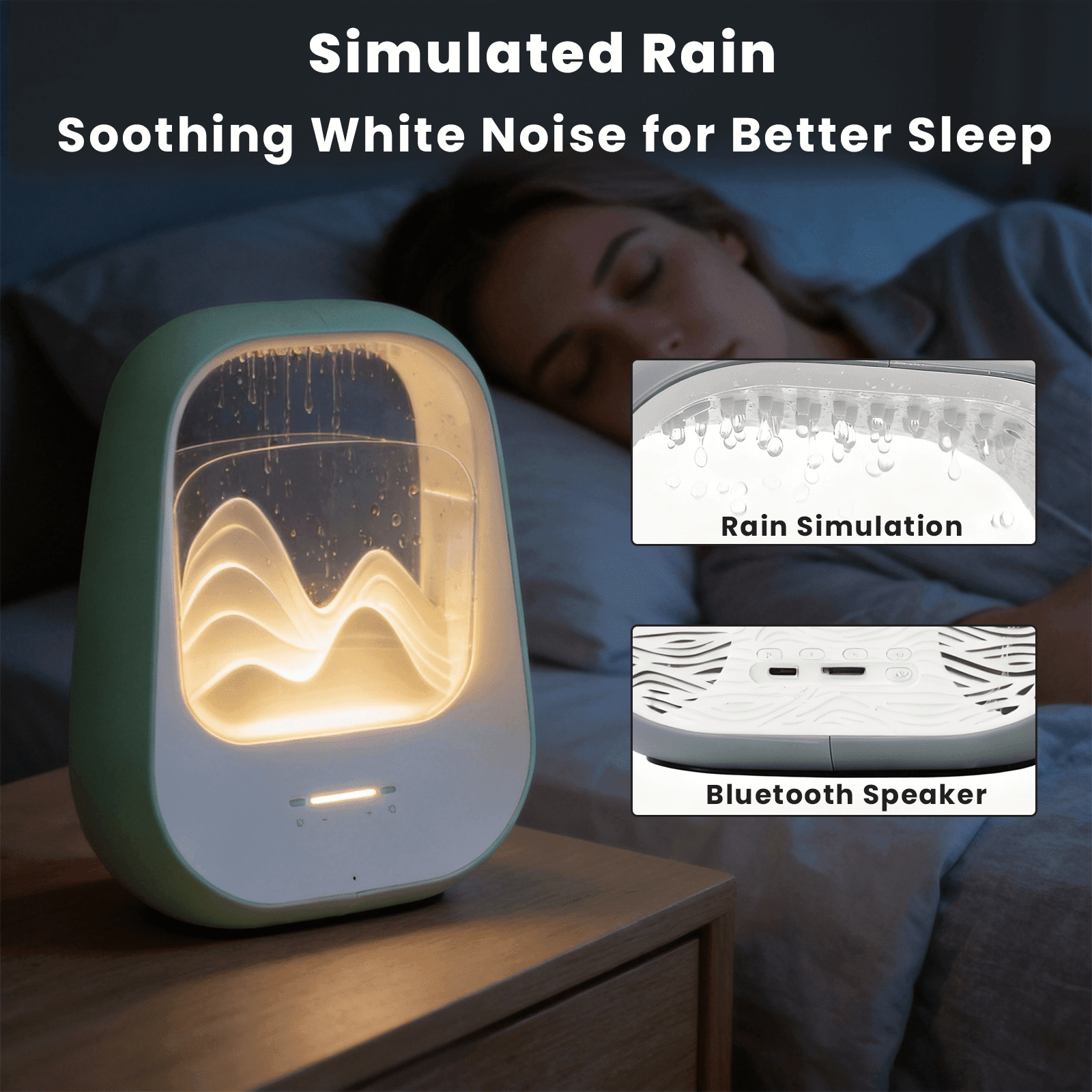 Rain Drop White Noise Machine with Humidifier, Bluetooth Speaker & Aroma Diffuser, 7-Color Mood Light and Nature Sounds for Bedroom, Office & Meditation, Mint Green