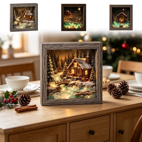 DIY Sea Glass Night Light with Wooden Frame, Christmas Themed Box LED Table Lamp, Battery Operated Warm Lighting Ornament, Creative Handmade Xmas Gift for Indoor Home Desktop Decoration