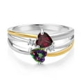 thumbnail image 2 of 925 Silver and 10K Yellow Gold Red Rhodolite Garnet and Green Mystic Topaz and White Lab Grown Diamond Band Ring for Women (1.17 Cttw, Gemstone January Birthstone, Heart Shape 5MM, Size 5), 2 of 3