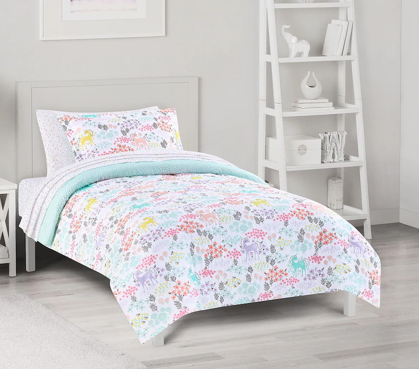 Pastel Unicorns Flowers Girls Full Comforter Set 8 Piece Bed In A Bag Walmart Com Walmart Com