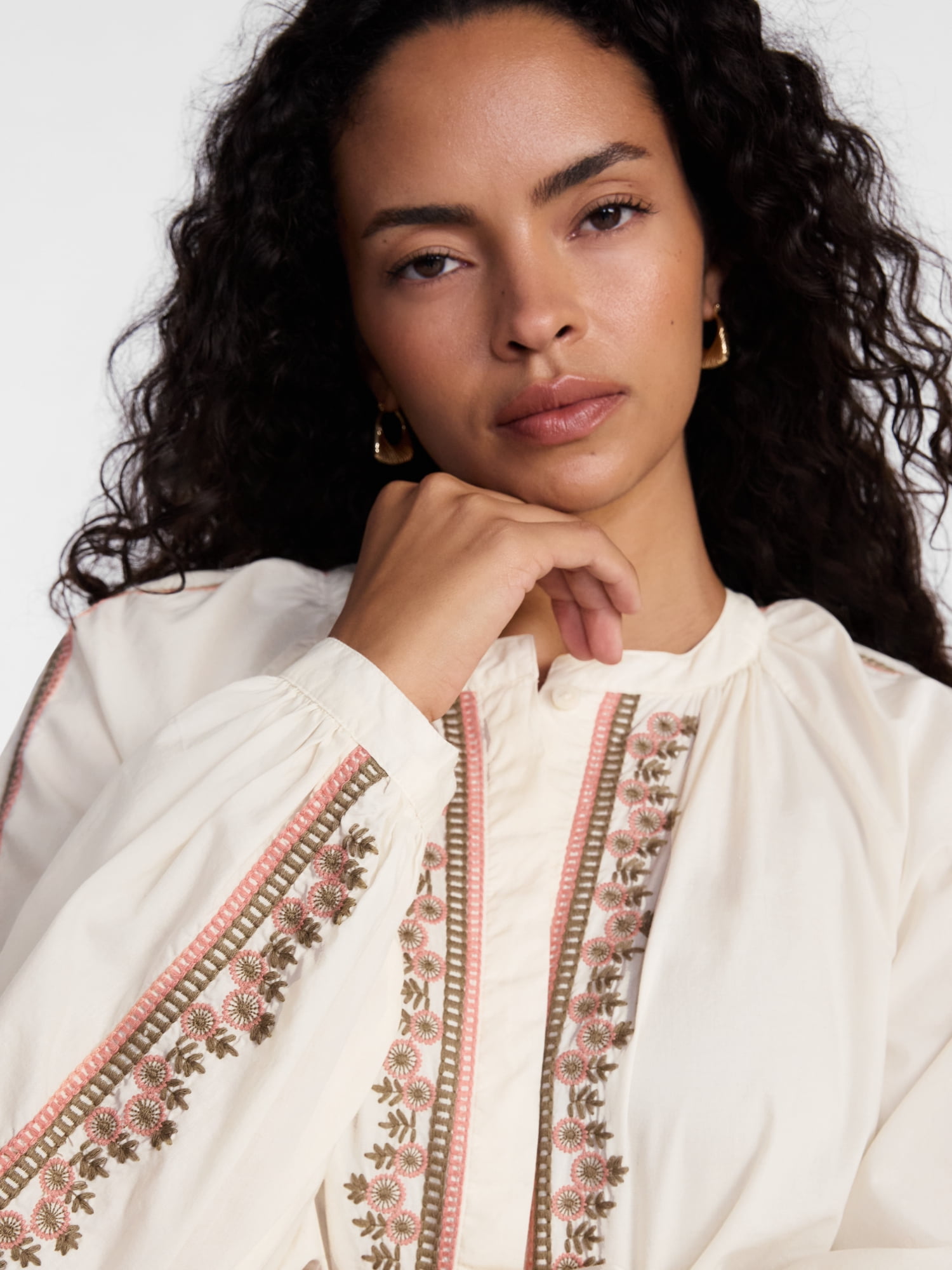 Scenario Women's Embroidery Top with Long Sleeves, Sizes XS-XXXL