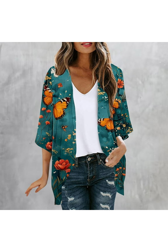 Trushirts Womens Green Kimono Cardigan - 100% Polyester Bohemian Butterfly Floral Print, Lightweight 3/4 Sleeve Open-Front, Casual for Spring Autumn,Size M