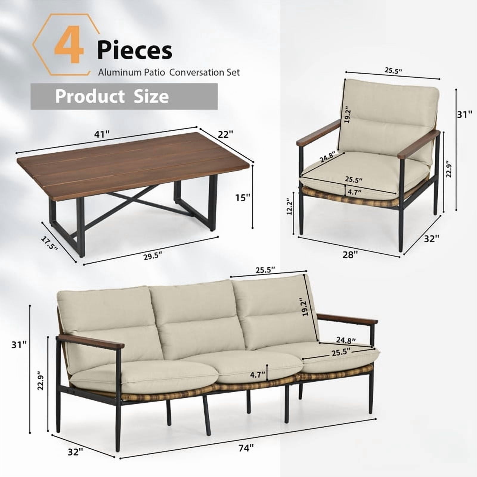 4-Piece Outdoor Conversation Sets, Sofas & Coffee Table Patio Chat Sets, Aluminum Sectional Sofa