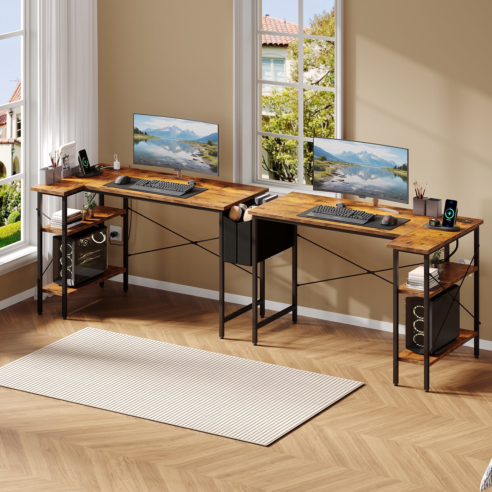 CONCETTA 39 inch Gaming Computer Desk with Power Outlet & LED Strip, Reversible Storage Shelves for Home Office, Rust