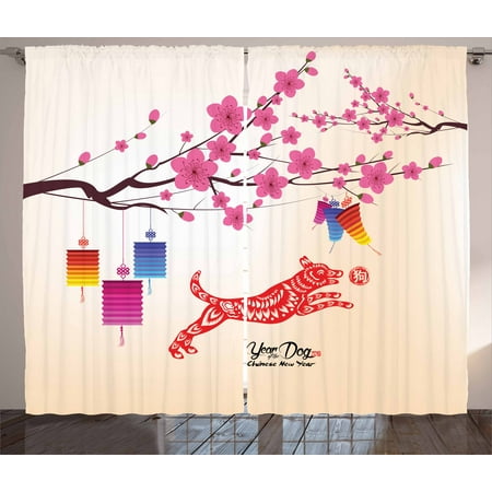 Year Of The Dog Curtains 2 Panels Set Plum Blossom Branches With