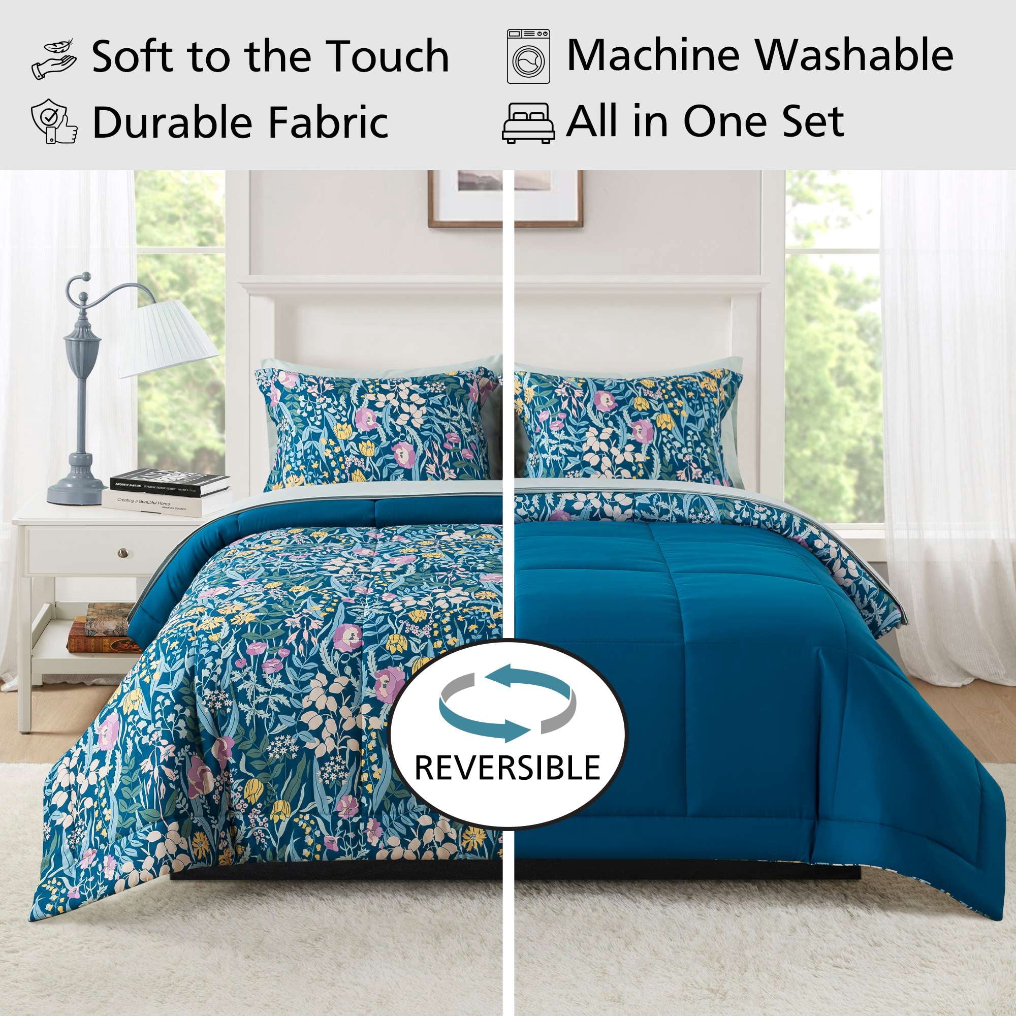 Mainstays All in One Reversible Comforter and Sheet Set, 7-Piece, Queen, Blue Floral
