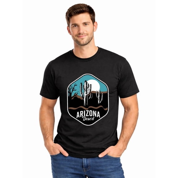 Graphic Short Sleeve T-Shirt for Men Regular Fit Crewneck with Arizona Desert T-Shirt Soft Cotton Fabric on Black Fabric