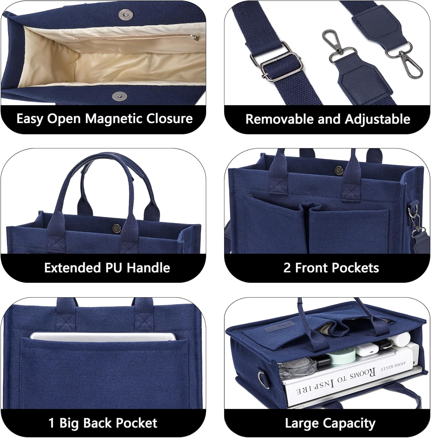 Large Canvas Tote Bag for Women With Pockets,Laptop Crossbody Purses Everything Everyday Bag Handbags for Work Beach Gym