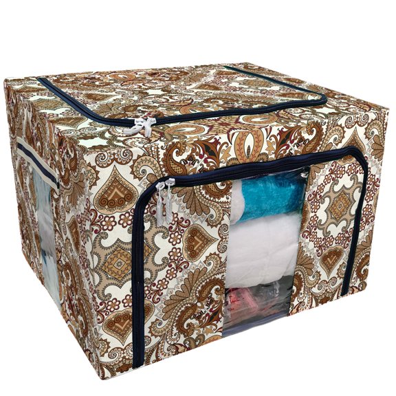 PKQWTM Bandanna An Ornate Beige Brown Colors Cream Storage Bag Clear Window Storage Bins Boxes Large Capacity Foldable Stackable Organizer With Steel Metal Frame For Bedding,Clothes,Closets, Bedrooms