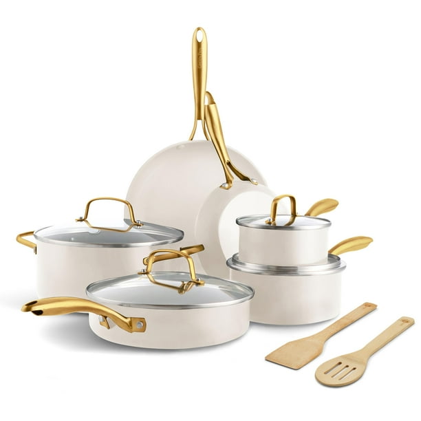 GreenPan Swift Juego de ollas y sartenes de 12 piezas, antiadherente de cerámica saludable sin PFAS ni PFOA, mango de acero inoxidable dorado, elementos esenciales de cocina versátiles, apto para lava