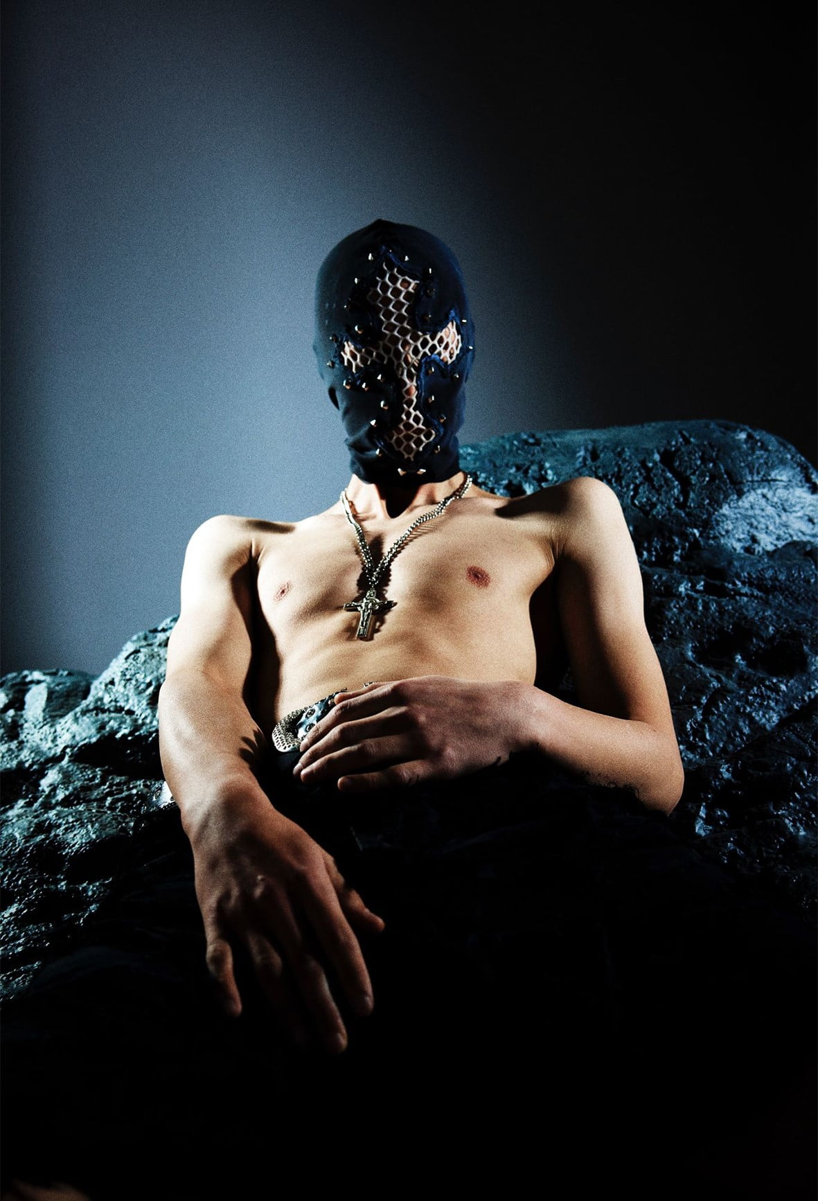 Bold Black Ski Mask and Balaclava  Featuring Central Cross Symbol and Metal Stud Details for Motorcycle, Snow, Skiing, and Nightclub Use