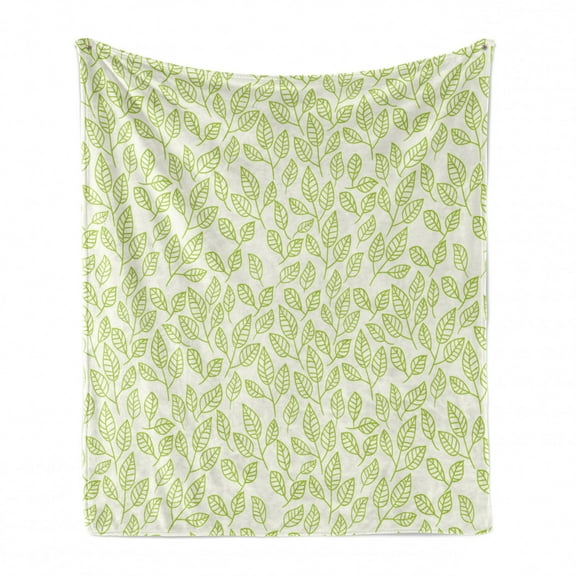 Leaf Soft Flannel Fleece Throw Blanket, Watercolors Green Tea Leaves and Branches Lines and Patterns Contemporary Artwork, Cozy Plush for Indoor and Outdoor Use, 70" x 90", Green Ecru, by Ambesonne