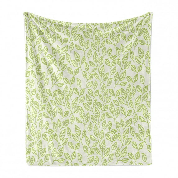 Leaf Soft Flannel Fleece Throw Blanket, Watercolors Green Tea Leaves and Branches Lines and Patterns Contemporary Artwork, Cozy Plush for Indoor and Outdoor Use, 50" x 60", Green Ecru, by Ambesonne