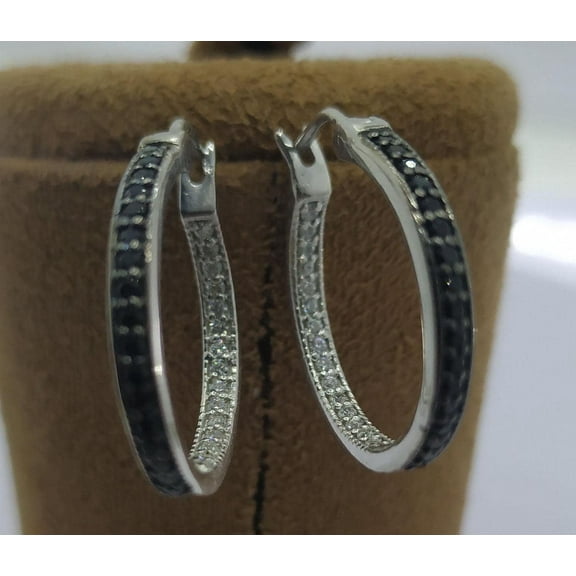 0.10CT Round Cut Black & White Simulated Diamond Inside-Out Huggie Hoop Earrings, 14K White Gold Plated Silver Earrings Mother's Day Gifts