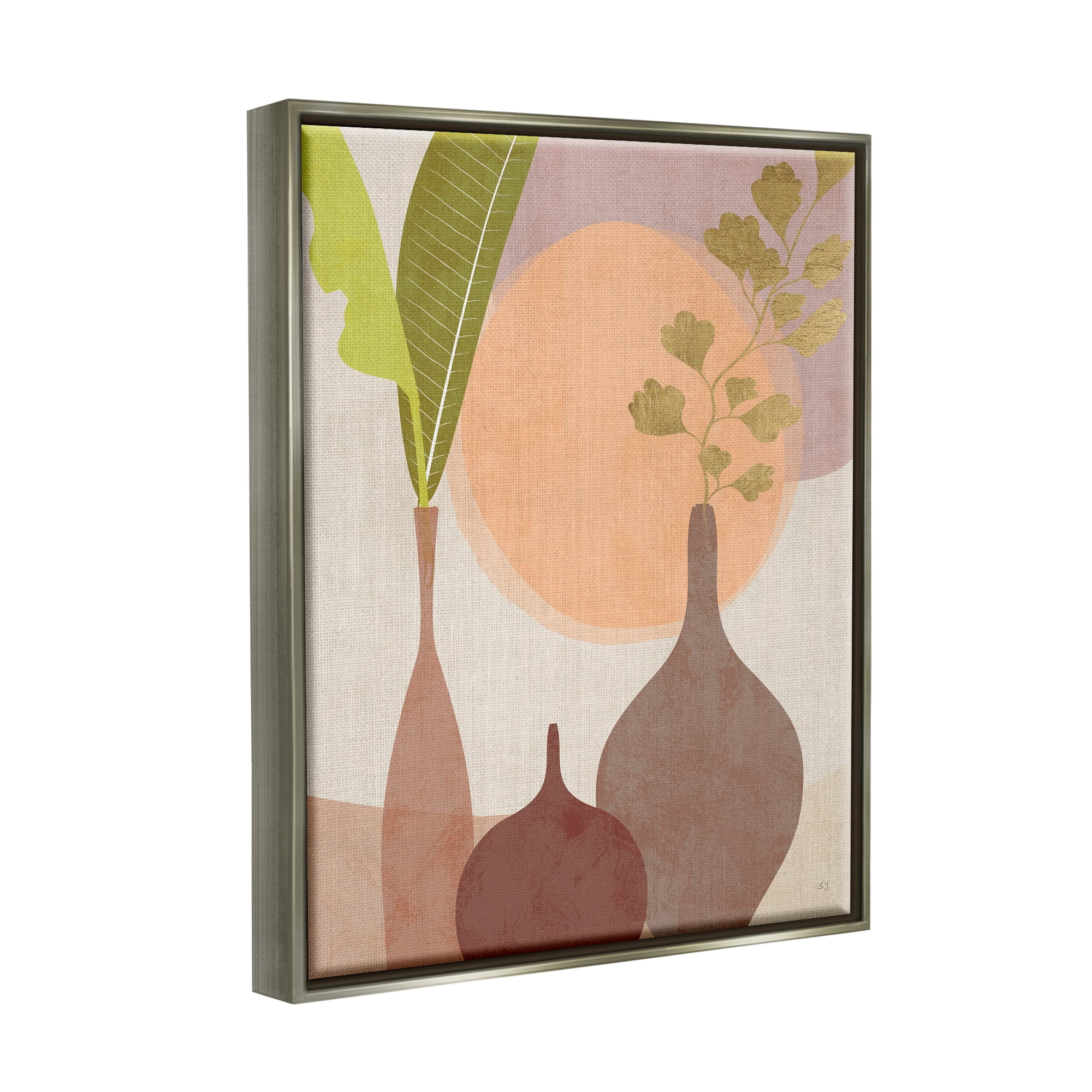 Stupell Industries Neutral Plants in Vases Botanical & Floral Painting Gray Floater Framed Canvas Art Print Wall Art, 17 x 21