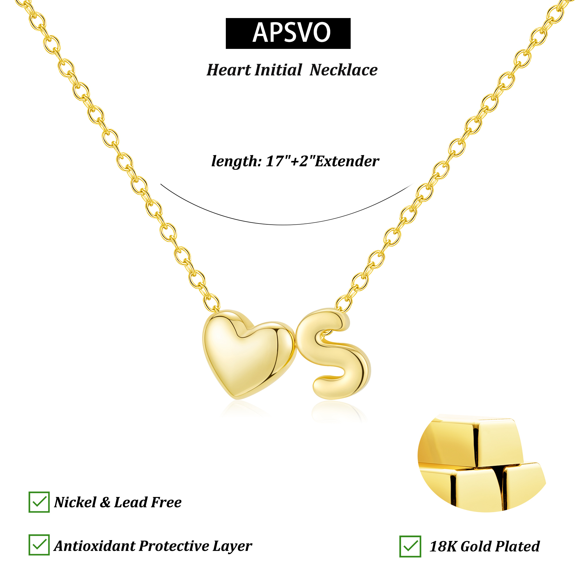 APSVO 18K Gold Plated Heart Initial Letter S Necklace photo 4