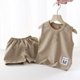 thumbnail image 4 of SGFCWSX Boys Summer Outfits 2 Piece Waffle Knit Sleeveless Henley Tops Elastic Waist Shorts Casual Clothing Set Khaki Size 6, 4 of 8