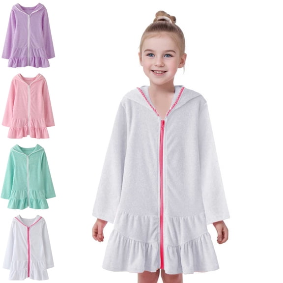 Bmisegm Kids Dress Hooded Zip Front Long Sleeve Ruffle Hem Casual Beach Swim Cover up Dress Dresses for Girls 7-8 Years