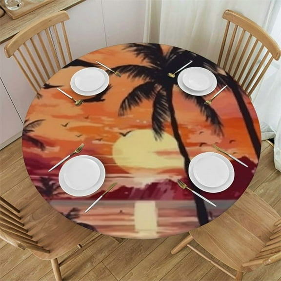 Round Fitted Tablecloth with Elastic, Sunset Tropical Tree Small Outdoor Tablecloth, Waterproof