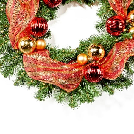 Noble House - 24-inch Noble Fir Pre-Lit Warm White LED Pre-Decorated Artificial Christmas Wreath - Green, Red, Gold