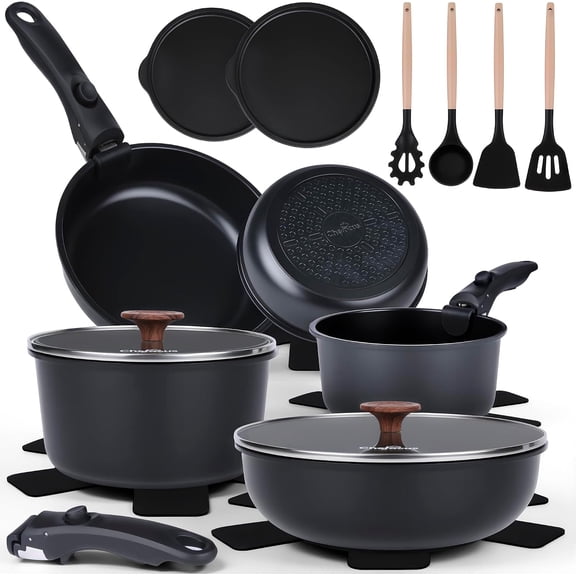 Nonstick Ceramic Cookware Set with Detachable Handle - 20 Pieces for RV Use
