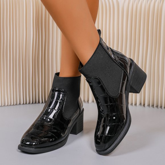 AUNVITO Women's Elastic Side Winter Ankle Boots Patent Leather Chunky Heel Low Block Heel Casual Shoes in Black/Brown/White