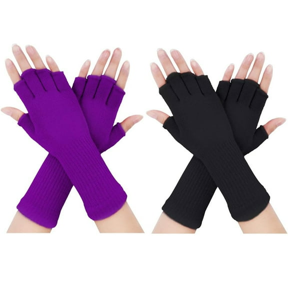 2 Pairs Unisex Fingerless Gloves Half Finger Stretchy Knit Gloves Lengthen Wrist Mittens Winter Warm Gloves