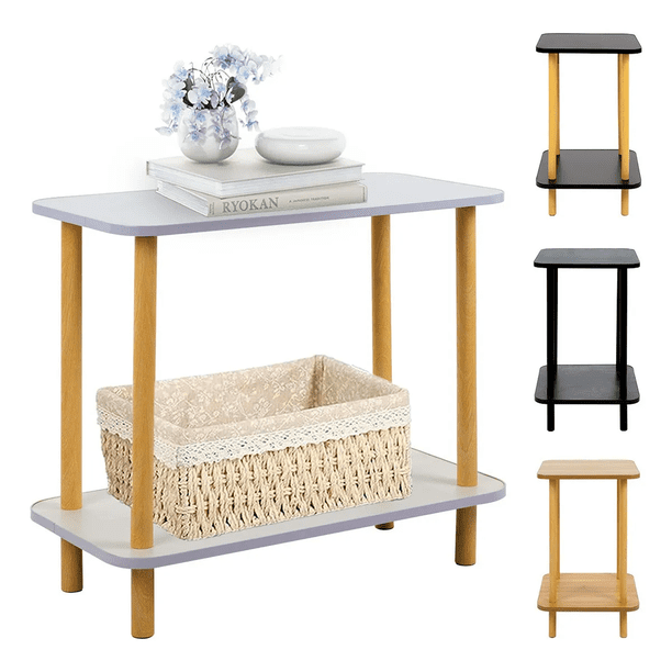 Mesa Centro Lateral Minimalista Madera Doble Repisa 60cm Color Blanco