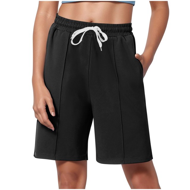 Besolor Summer Shorts for Women Elastic Waist Drawstring Straight Leg Knee Length Lounge Shorts with Pockets