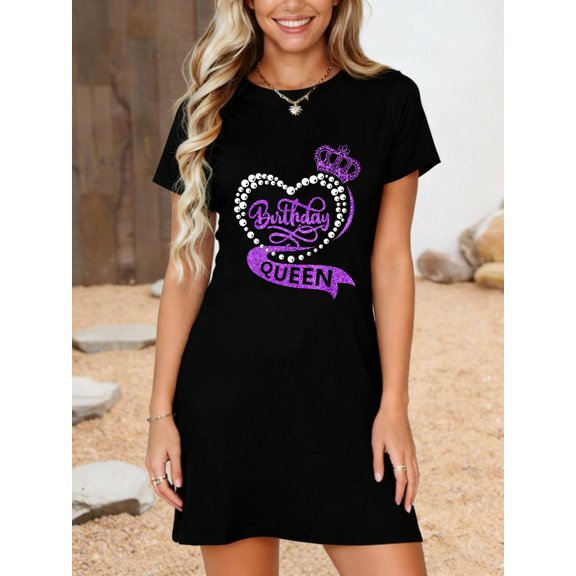 Birthday Queen It's My Bday Party Crew Girls Women Matching T-Shirt Dress Casual Summer Dress Everyday Outfit