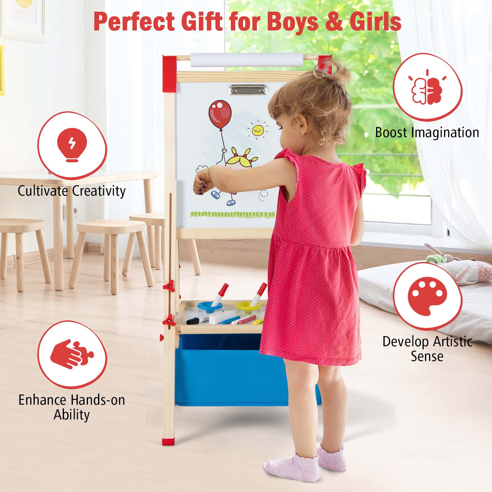 Costway 3-in-1 Kids Art Easel Double-Sided Wooden Adjustable Magnetic Drawing Board