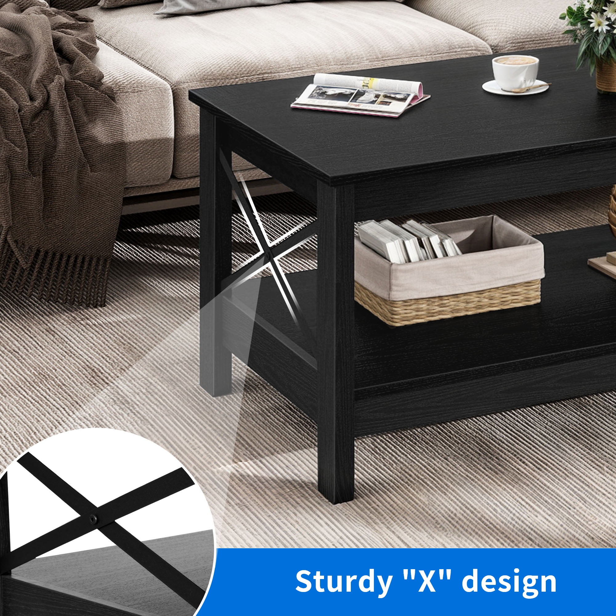 Dextrus Farmhouse Modern Coffee Table with Open Storage Shelf, Black