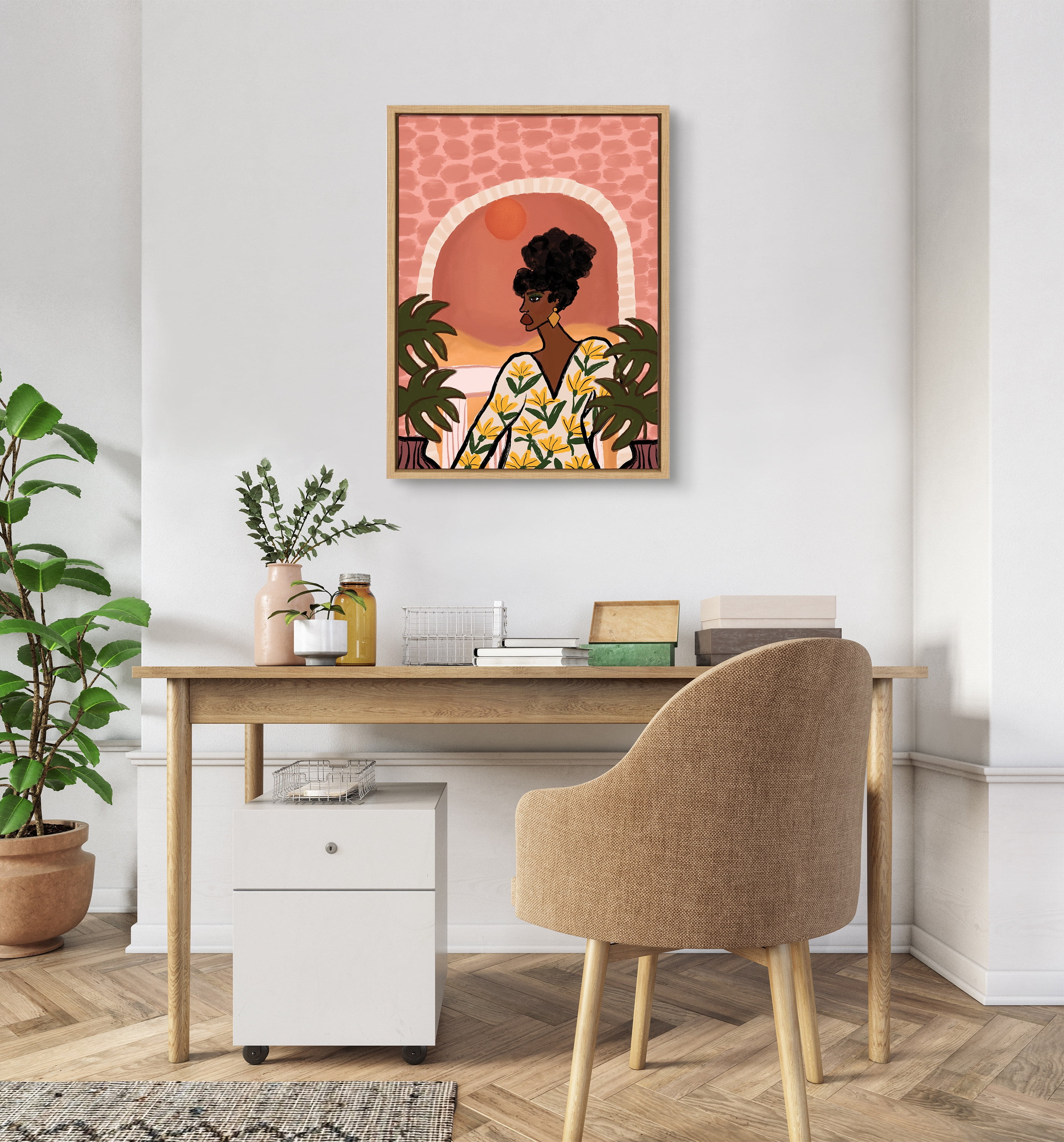 Kate and Laurel Sylvie Desert Wanderer Lady Framed Canvas Wall Art by Kendra Dandy of Bouffants and Broken Hearts, 18x24 Natural, Abstract Portrait Decor for Wall
