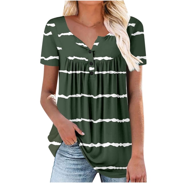 EQWLJWE Hauts à Col en V pour Femmes, Tunique d'Été pour Femmes, T-Shirts Imprimés à Col Rond, Blouse Décontractée à Manches Courtes, Hauts Plissés avec Ourlet à Volants, Hauts d'Été pour Femmes 2023