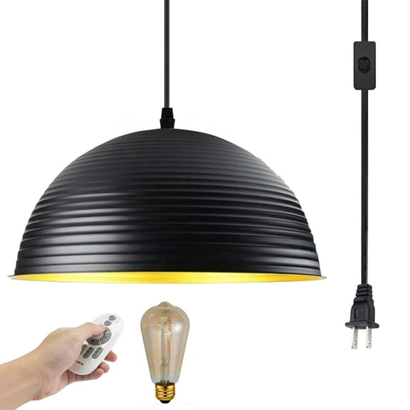 Kiven Plug in Iron Pendant Light, Modern Hanging Light with Remote Control and 15FT Plug-in Cord, Dimmable Ceiling Pendant Light for Bedroom Hallway Cafe Kitchen Island