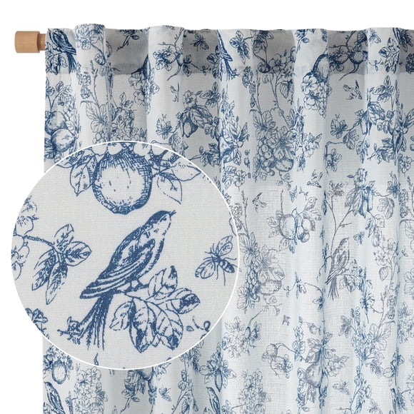 Cortinas Vangao, mezcla de lino, estampado floral, 214 cm de longitud, color azul