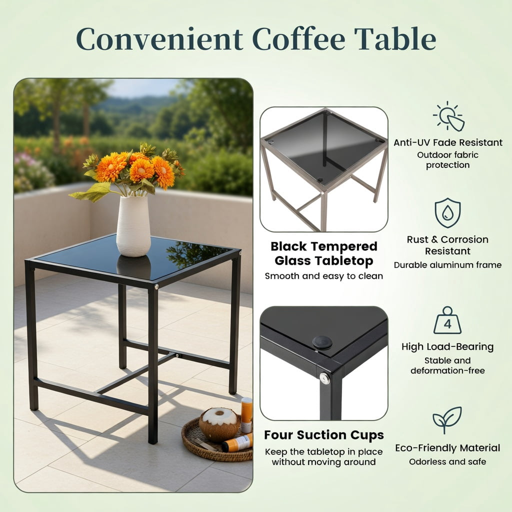 Hommoo 3-Piece Modern PE Rattan Patio Furniture Set with Tempered Glass Coffee Table, Heavy-Duty Outdoor Seating for Balcony, Porch & Small Spaces, Black
