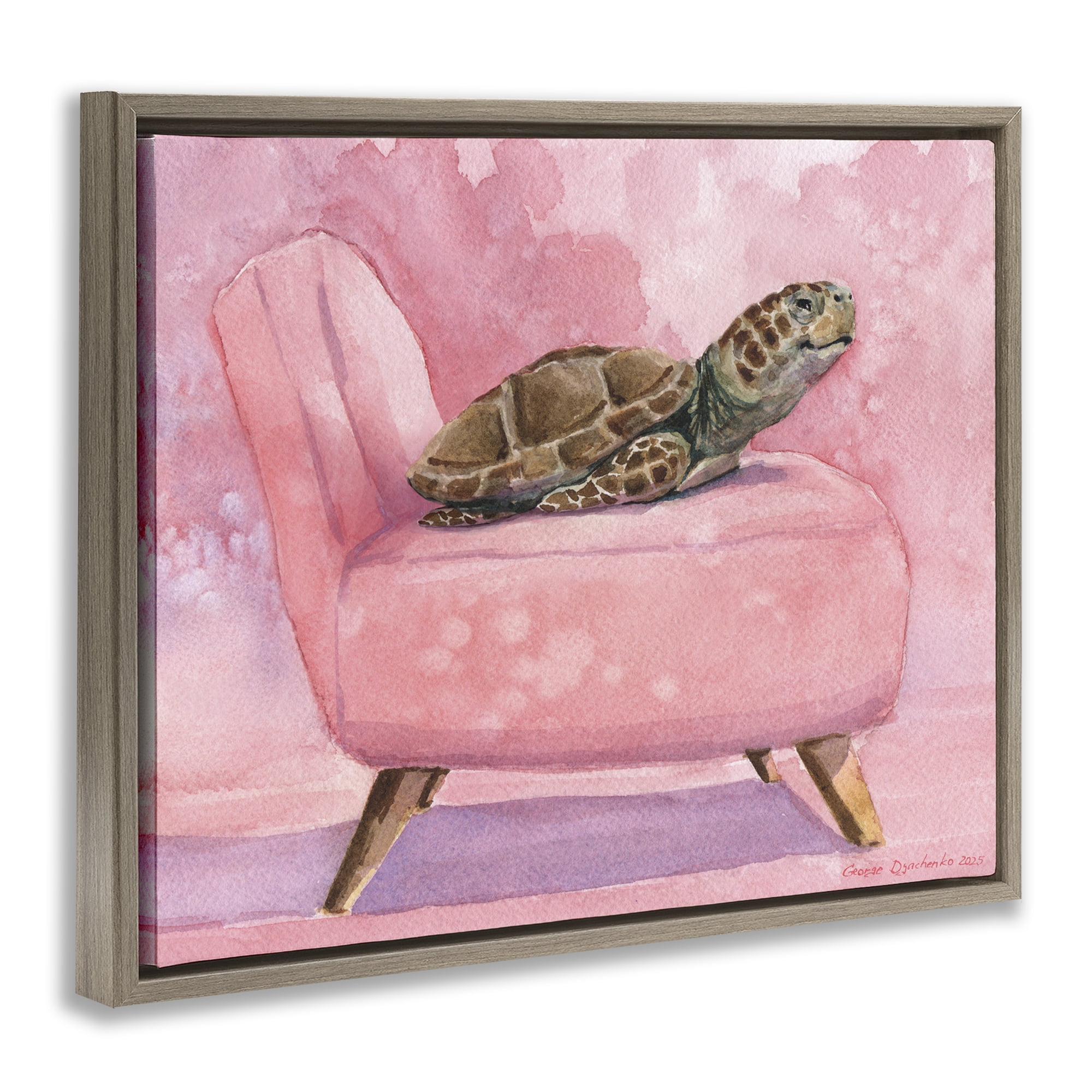 Stupell Industries Happy Turtle on Pink Chair Brown Framed Floater Canvas Wall Art, design by George Dyachenko