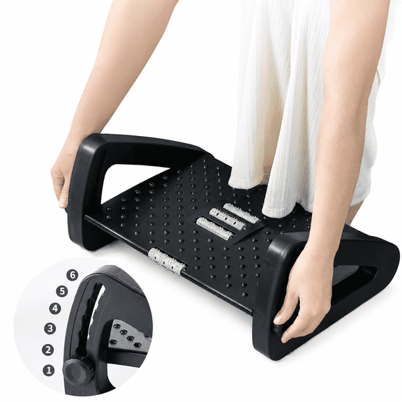 6 Heights Adjustable Under Desk Foot Rest, Ergonomic Office Foot Stool with Massage Roller & Massage Points, Non-Slip Wide Foot Pedal Foot Rocker for Office, Gaming Desk & Home Use
