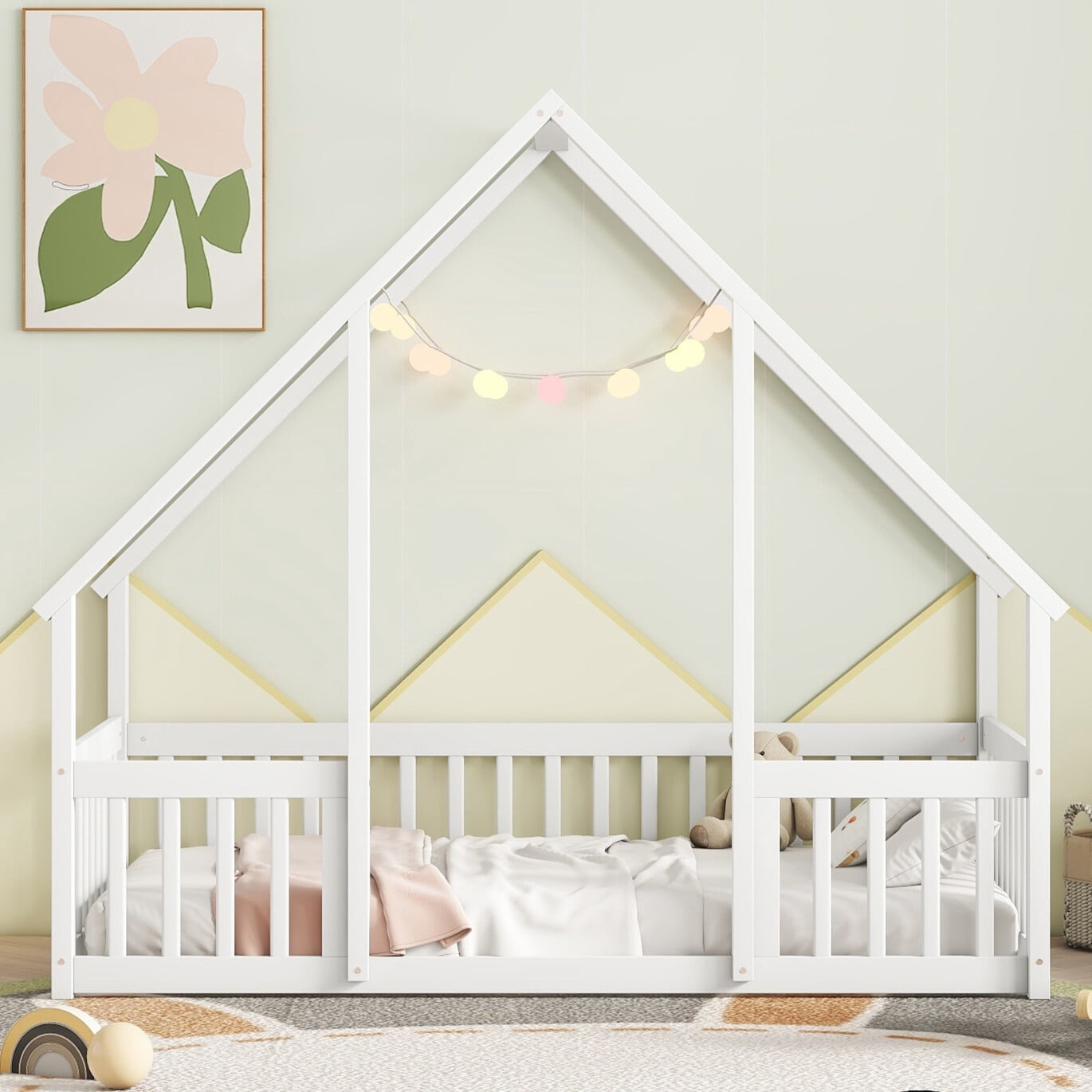 Twin Size Floor Bed, Wooden House-Shaped Bed Frame with Guardrails, Roof, Multifunctional House Bed Frame for Toddlers, Kids, Girls, Boys, Teens, Adults, White