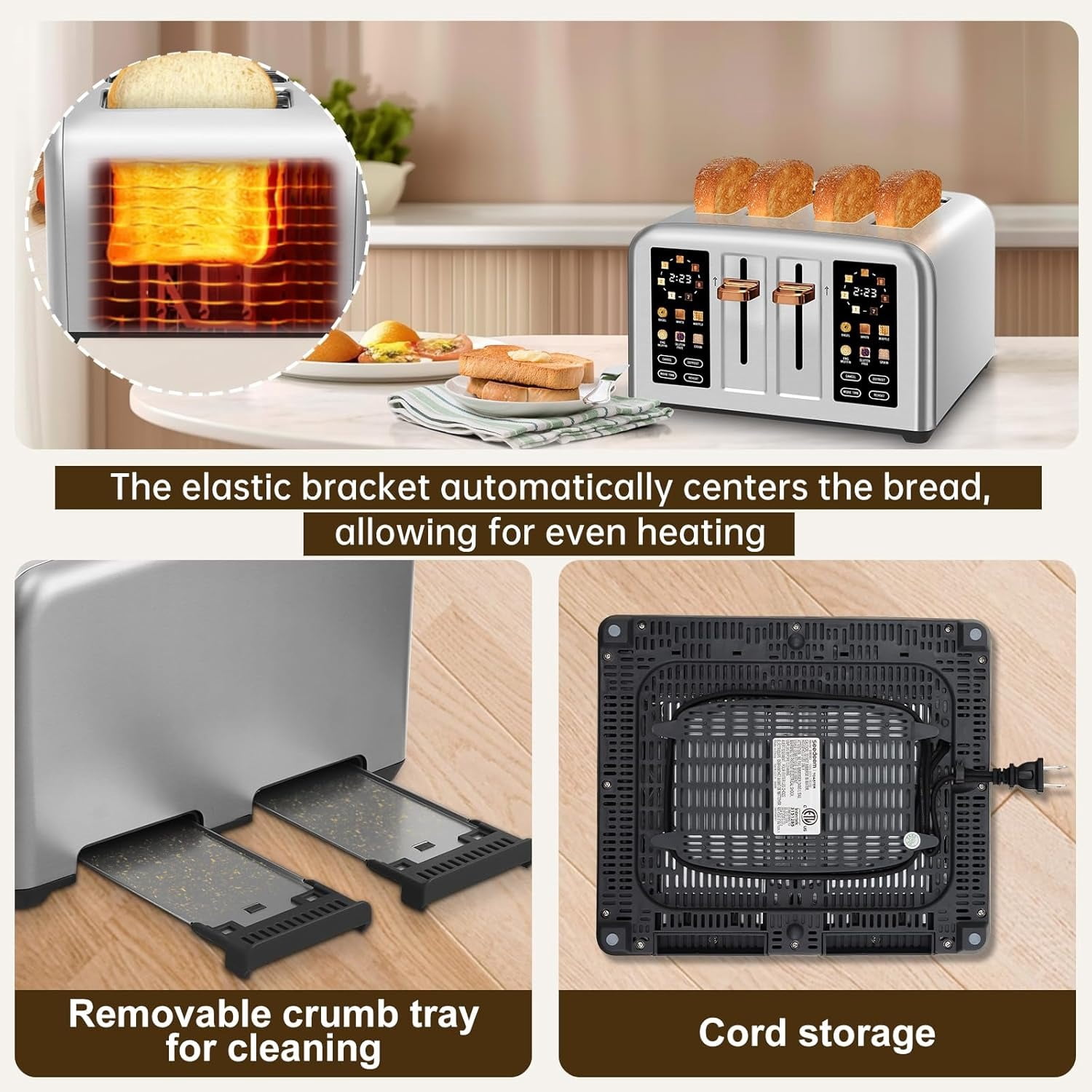 Toaster 4 Slice, Stainless , Touch Screen for Dual Control, Digital Timer, Toaster with 6 Bread Type, 7 Shade Setting, 1.5''Wide Slot, Removable Crumb Tray, 1800W, Metallic