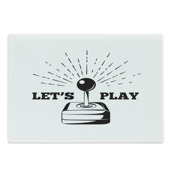 Gaming Cutting Board, Lets Play Typography Game Vintage Joystick 80's Arcade Room on Plain Background, Decorative Tempered Glass Cutting and Serving Board, in 3 Sizes, by Ambesonne